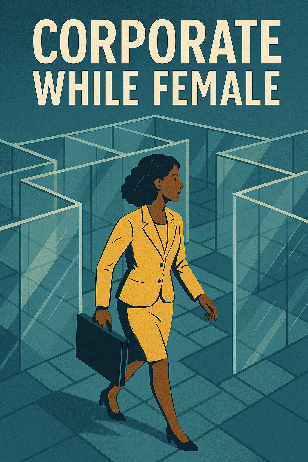 Woman in business attire navigating a glass maze, representing women in corporate leadership, workplace gender bias, and the challenges of career advancement